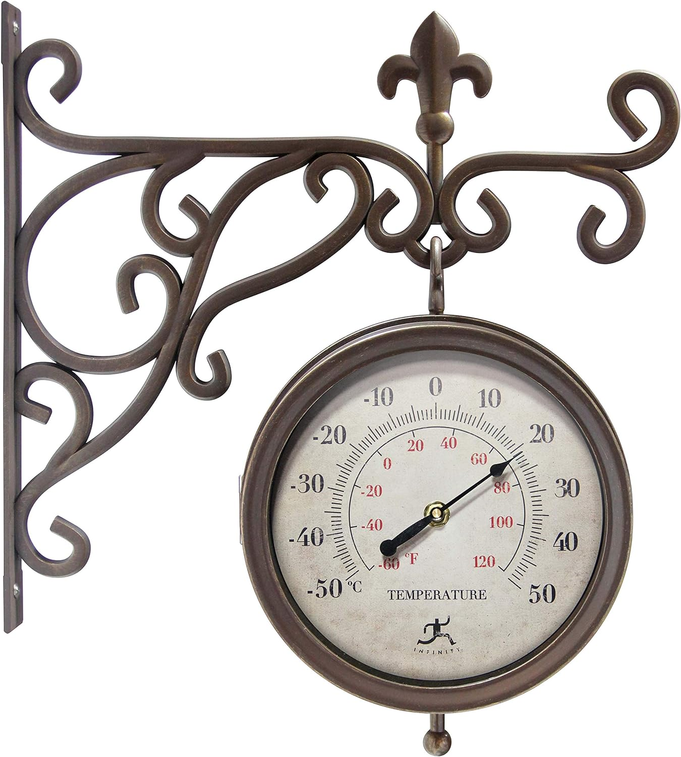 Infinity Instruments Beauregard 8 Inch Outdoor Clock Thermometer Combo for Patio Porch Garden Outdoor Decorative Double-Sided Resin Clock Thermometer Wall Hanging with Bracket image number 2