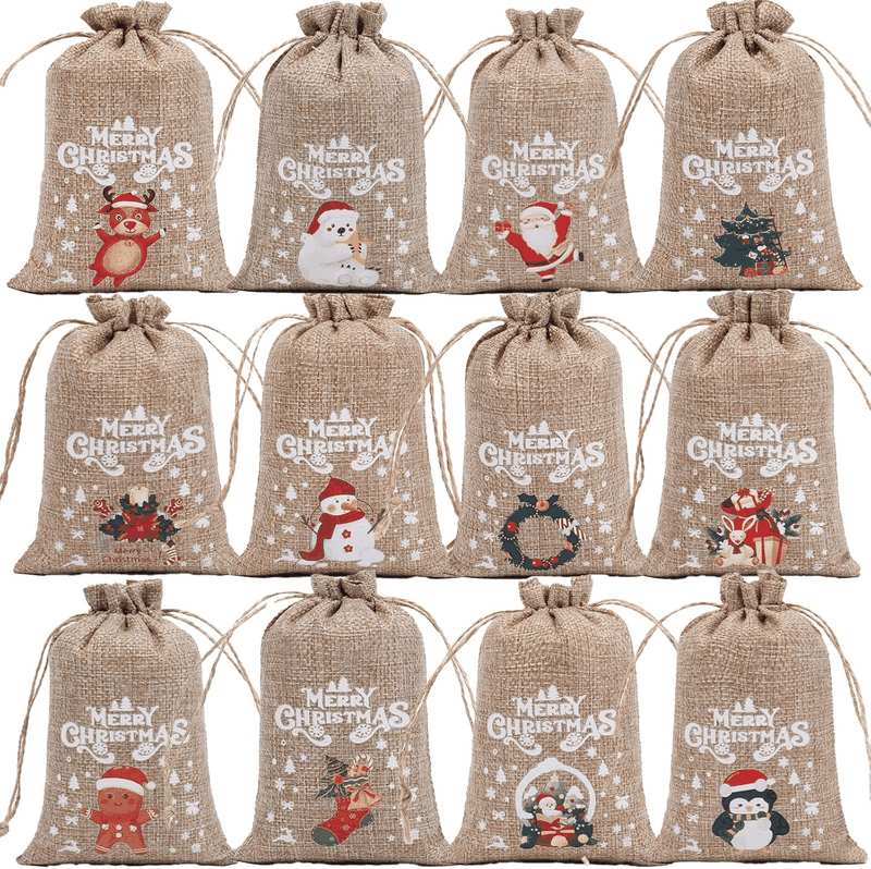 12 Pack Christmas Linen Bags, 10 X 15 Cm Bags, Candy Goodie Treat Bags, Drawstrings Burlap Bags for X&lsquo;Mas Party, Reusable Wrapping Bags (12 DESIGNS)