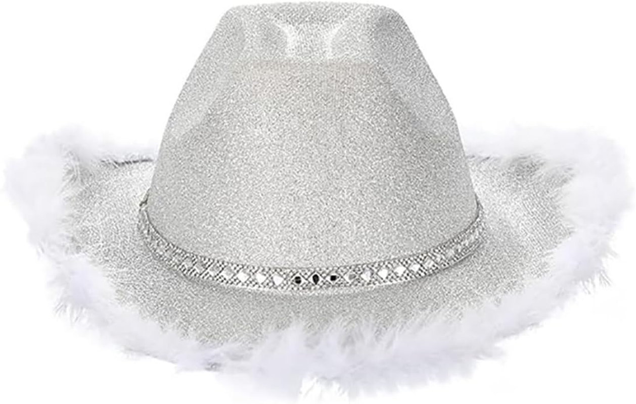 Cowboy Hat Fluffy Feather Trim Cowgirl Hat Adult Western Felt Cow Girl Hat Fancy Dress Party Halloween Cosplay Costume,Silver image number 3