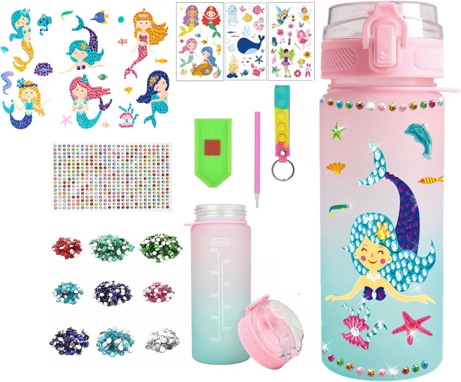 Decorate Your Own Water Bottle Kits with Stickers,Diamond, Mermaid DIY Gem Diamond Painting Crafts, Fun Arts and Crafts, Best Birthday School Gift 4 6 8 10 12 Year Old Girls image number 1