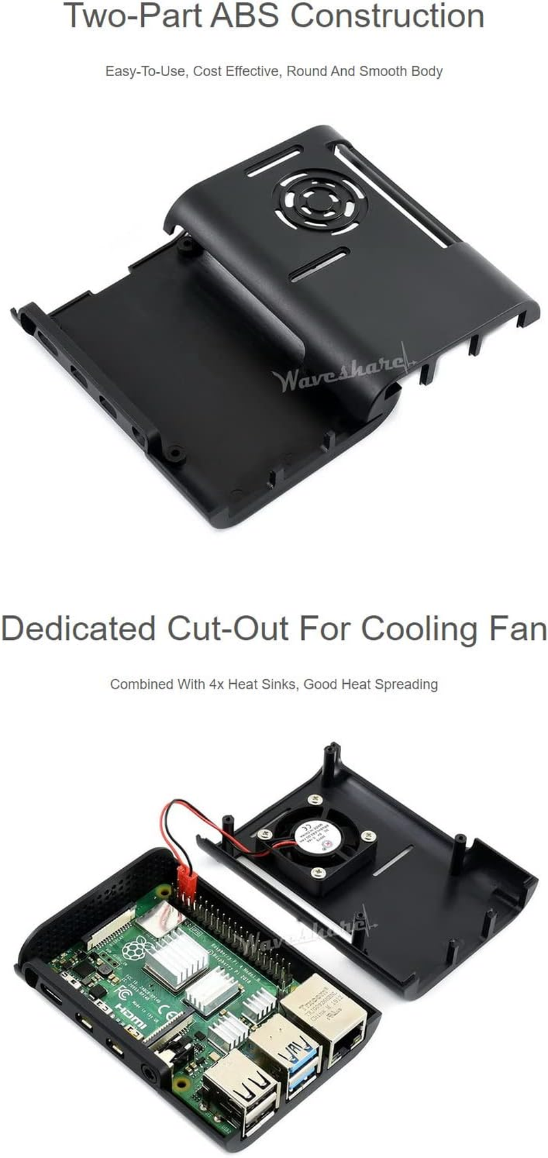 Waveshare Black ABS Case Type D for Raspberry Pi 4 with Cooling Fan/Heat Sinks/Rubber Feet and Screwdriver image number 3