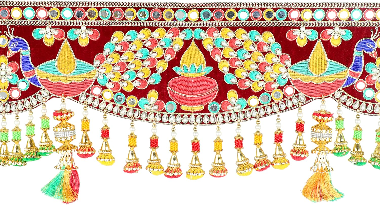 Artificial Door Toran Hanging Is Made of Colourful Thread Tassels with Moti Beads Set Door Hanging Bandanwar for Home Decor Entrance for Indian Traditional New Year Festival Decorations(Size:-36"X10") image number 1