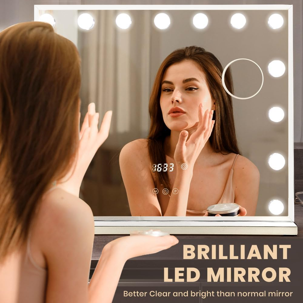 Simplus Vanity Makeup Mirror with Lights Hollywood LED Mirrors Stand, Smart Touch Control Screen and Time Display, 15 Dimmable LED Lights Stable Base White, 60X52Cm image number 2