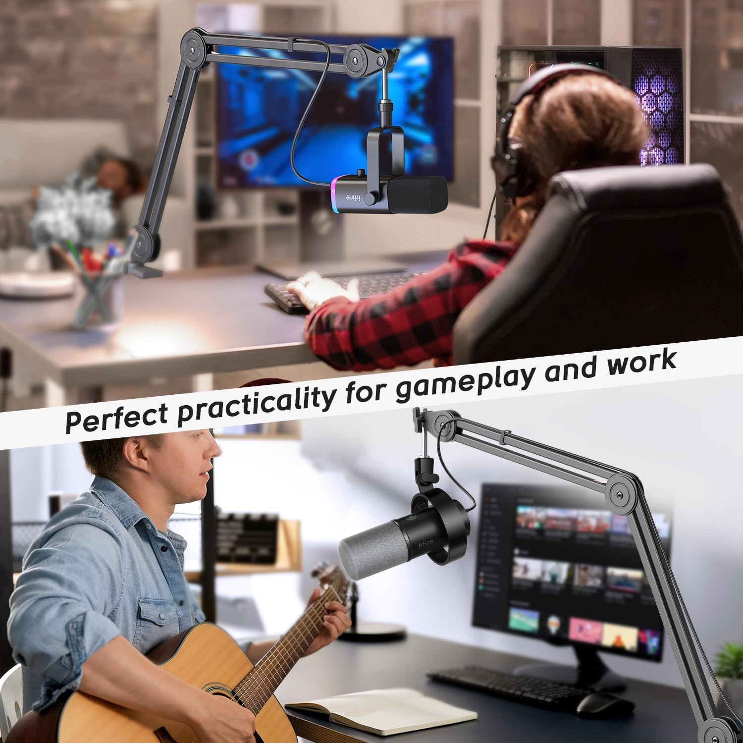 FIFINE Microphone Arm Stand-Heavy Duty Boom Arm, Suspension Scissor Adjustable Mic Stand with Desk Mount, 5/8" Screw, Cable Ties, for Recording Gaming Streaming Podcasting-Bm63 image number 2