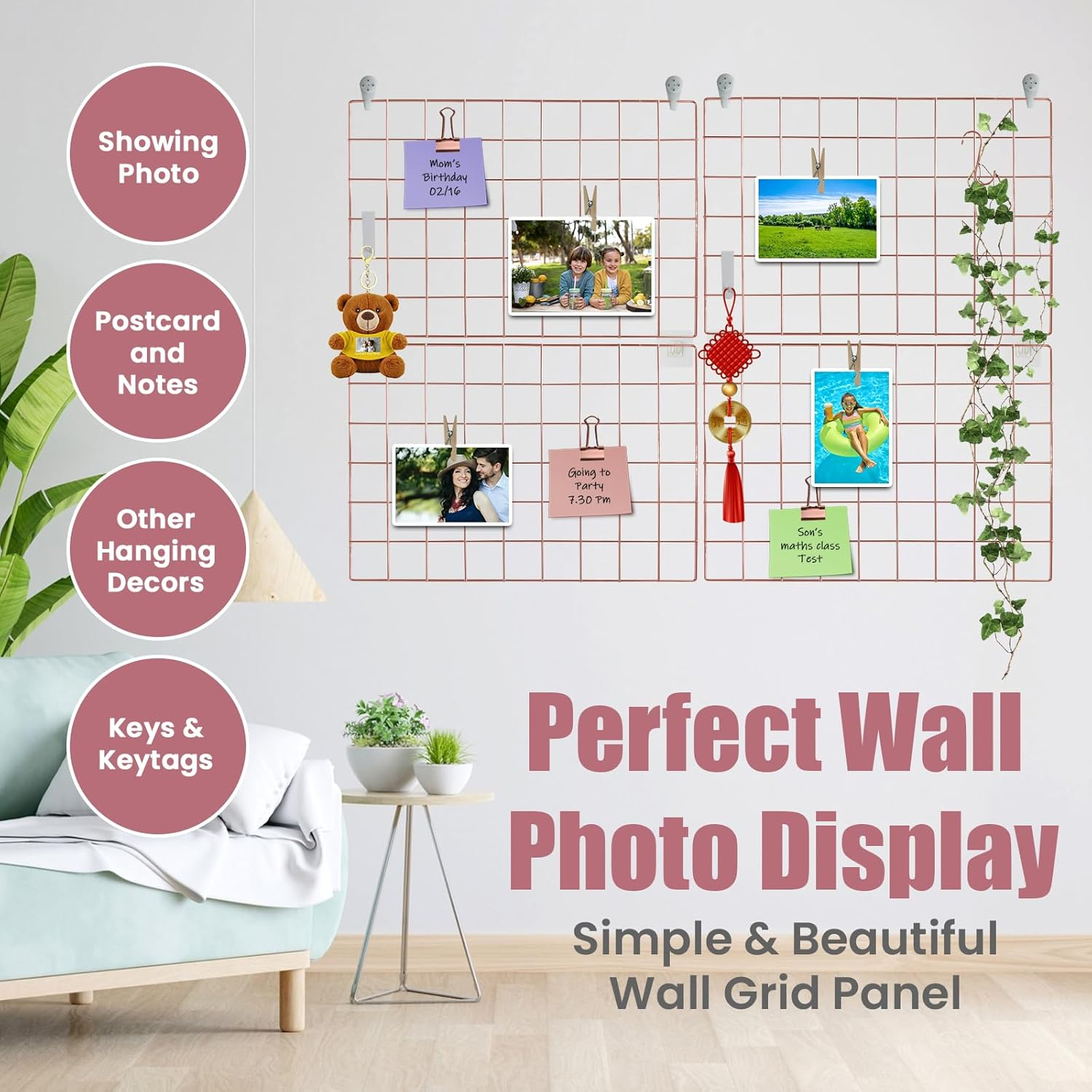 Metal Grid Wall Panel, Photo Display Organizer, 17.3"&times;11.8" Rose Gold Wire Board, Picture Frame, 4-Pack Mesh Memo Board with Clips and Hooks image number 2