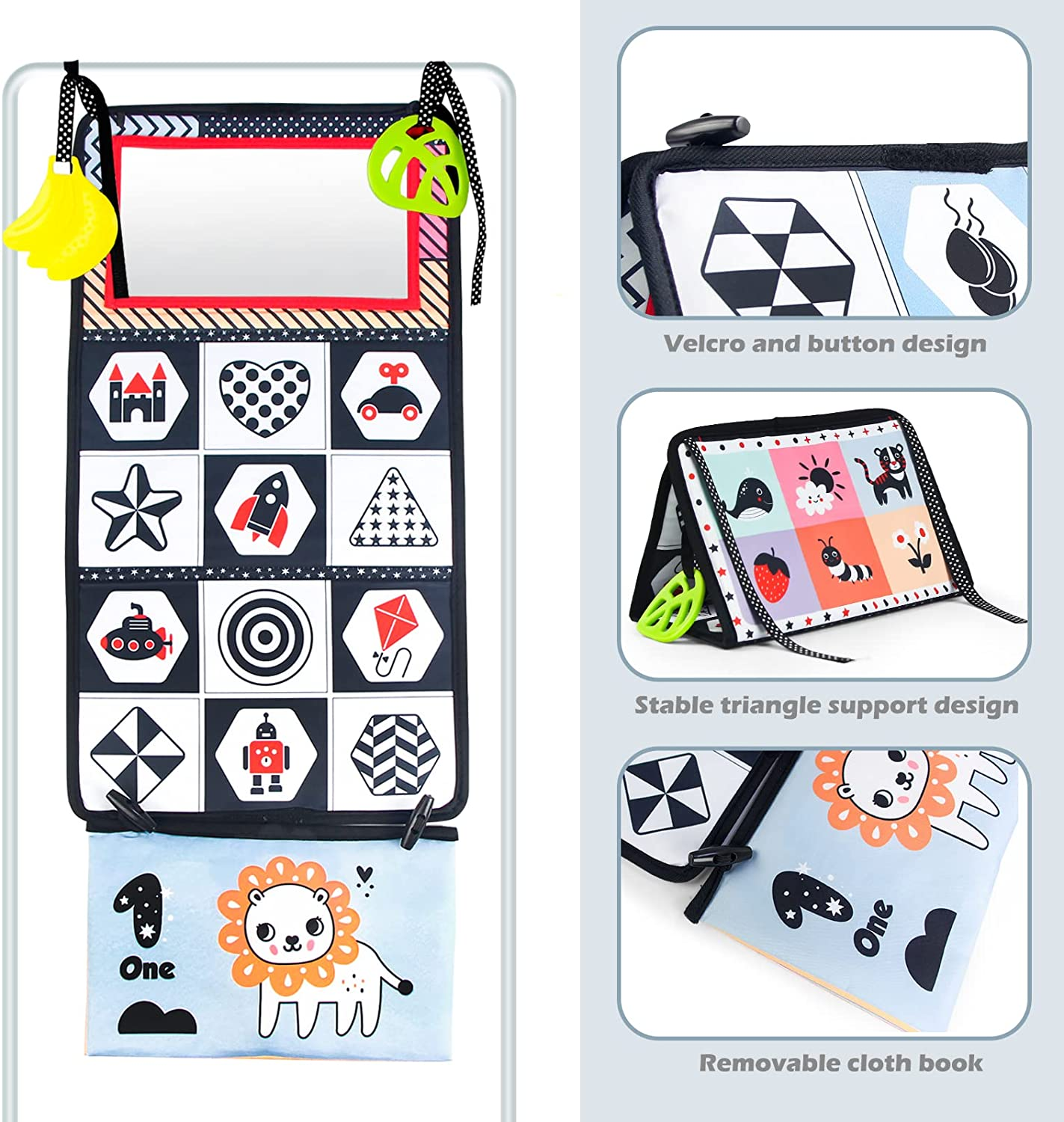 Hapavis Tummy Time Toys Cloth Books with Mirror Teethers Black and White High Contrast Early Educational Toy Graphic Series image number 2