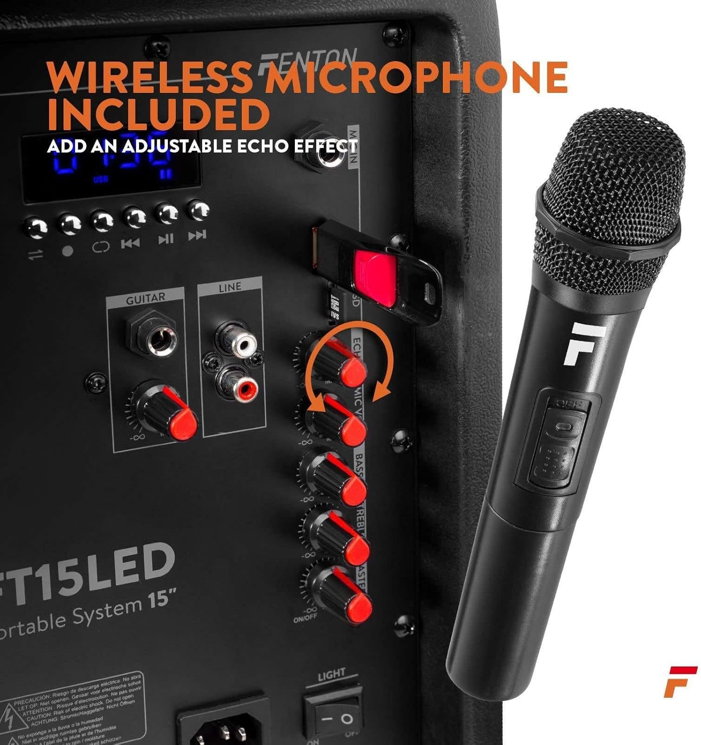 Fenton FT15LED PA Speaker Portable Led/Microphone/Remote Karaoke 15" 800W W/Battery Light Show image number 3