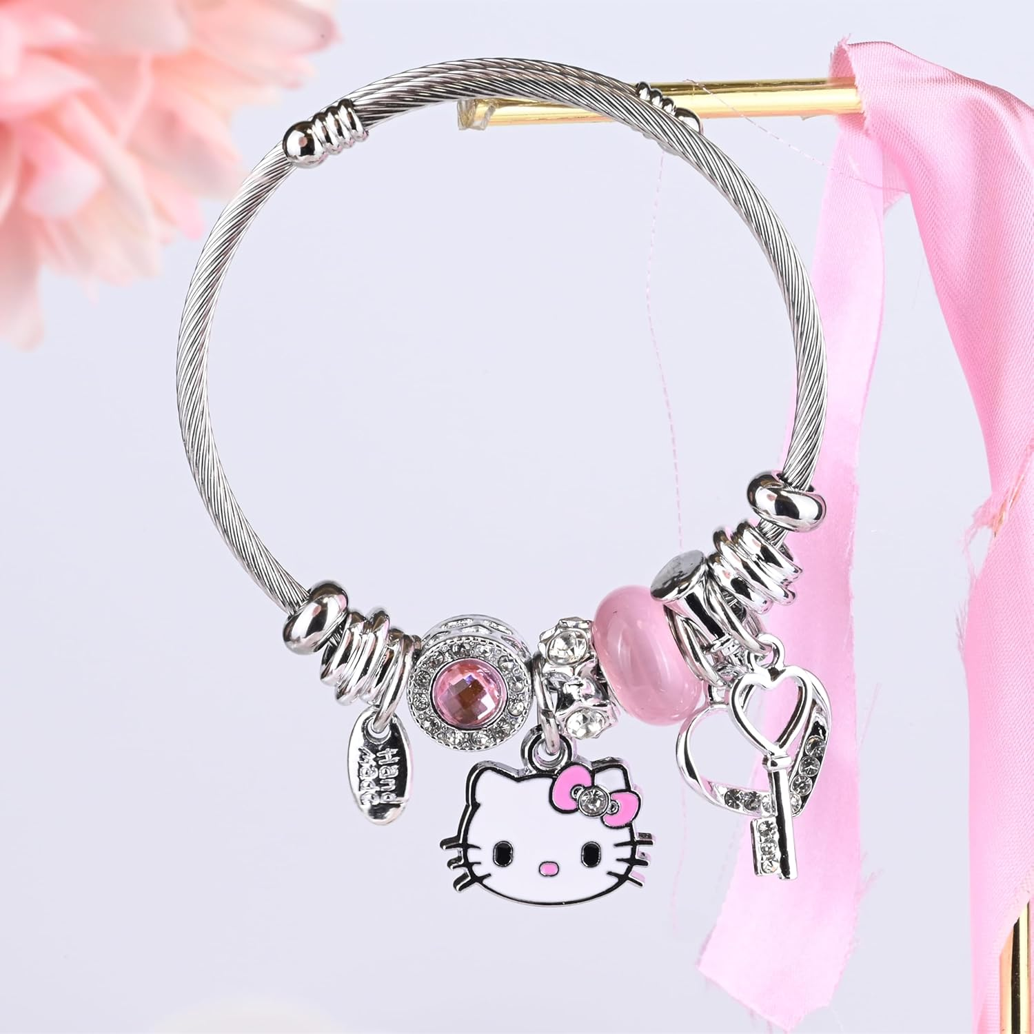 Kitty Girl Bracelet,Adjustable Cat Style Stainless Steel Bracelet, Cute Girl Friendship Bracelet, Fashionable Student Girl Bracelet, Exquisite Jewelry Gift (Pink) image number 2