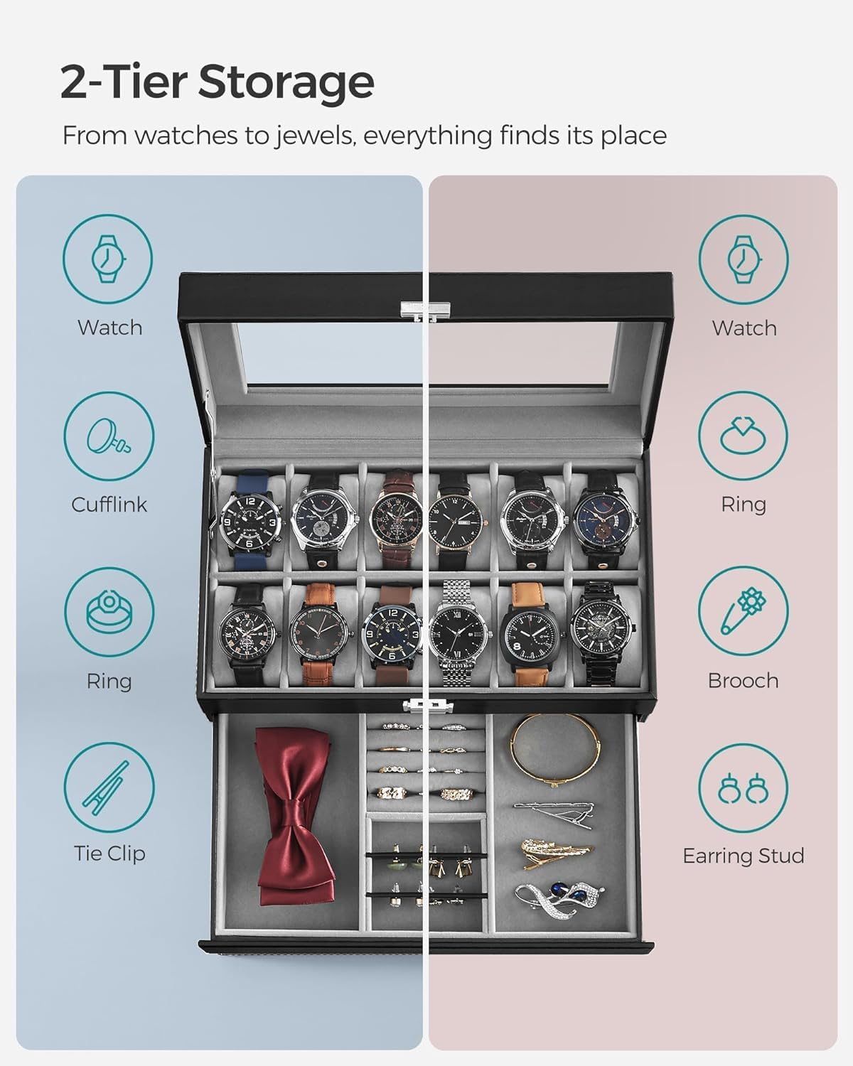 Haundry 12 Slot PU Leather Lockable Watch Storage Boxes, Men & Women Jewelry Display Drawer Case, 2-Tier Organizer Watch Showcase with Glass Lid image number 3