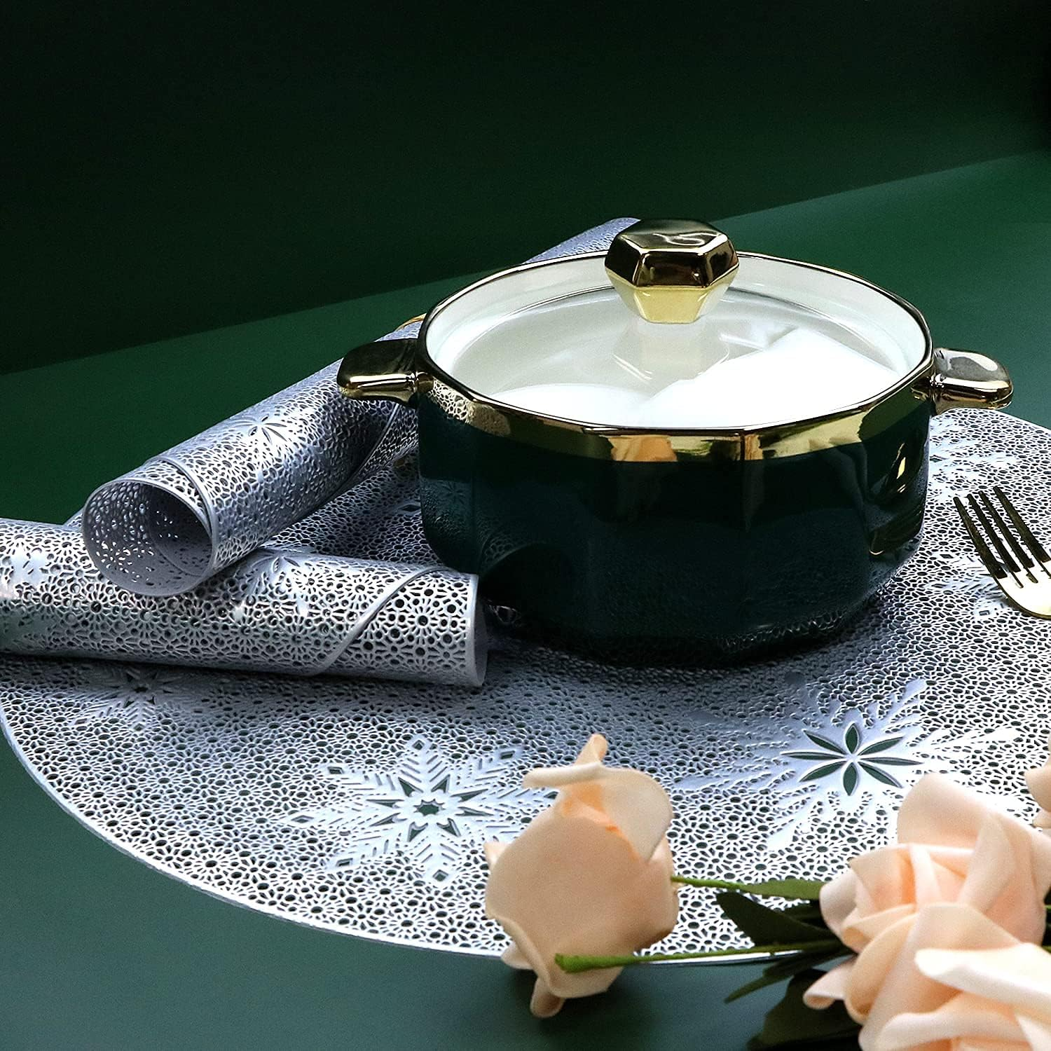 Round Silver Christmas Placemats for Dining Table Mats Set of 4 Wipeable Snowflake Placemats for Kitchen Table Plastic Soft PVC Place Mats Durable Heat Resistant Non-Slip Washable Table Mats 15"