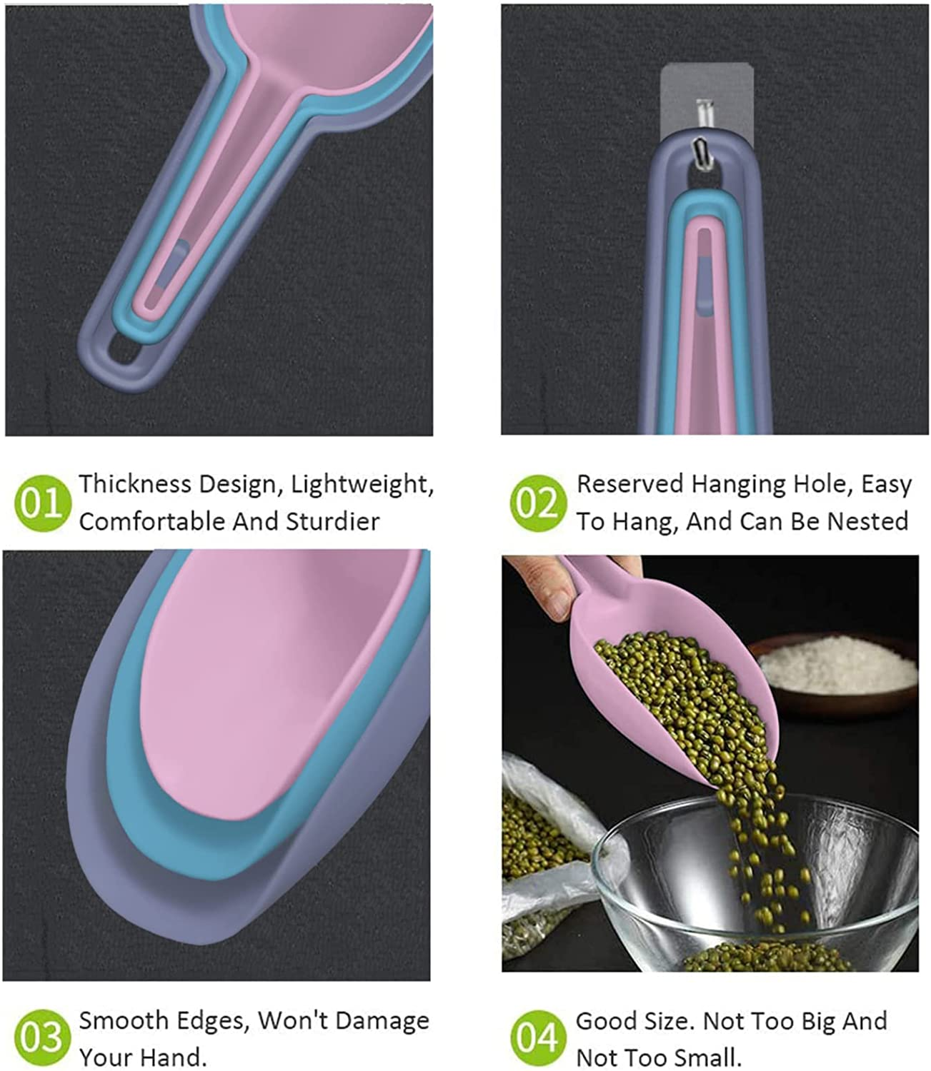 Ice Scoop Set of 3,Multi Purpose Plastic Kitchen Scoops Canisters,Ice Scooper for Freezer,Rice,Canisters,Flour,Dry Foods,Candy,Pop Corn,Coffee Beans and Pet Food image number 2