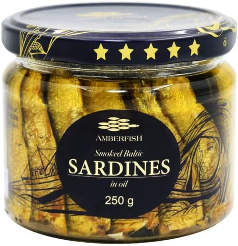 Amberfish Smoked Brisling Sardines Oil in Glass Jar, 250 G