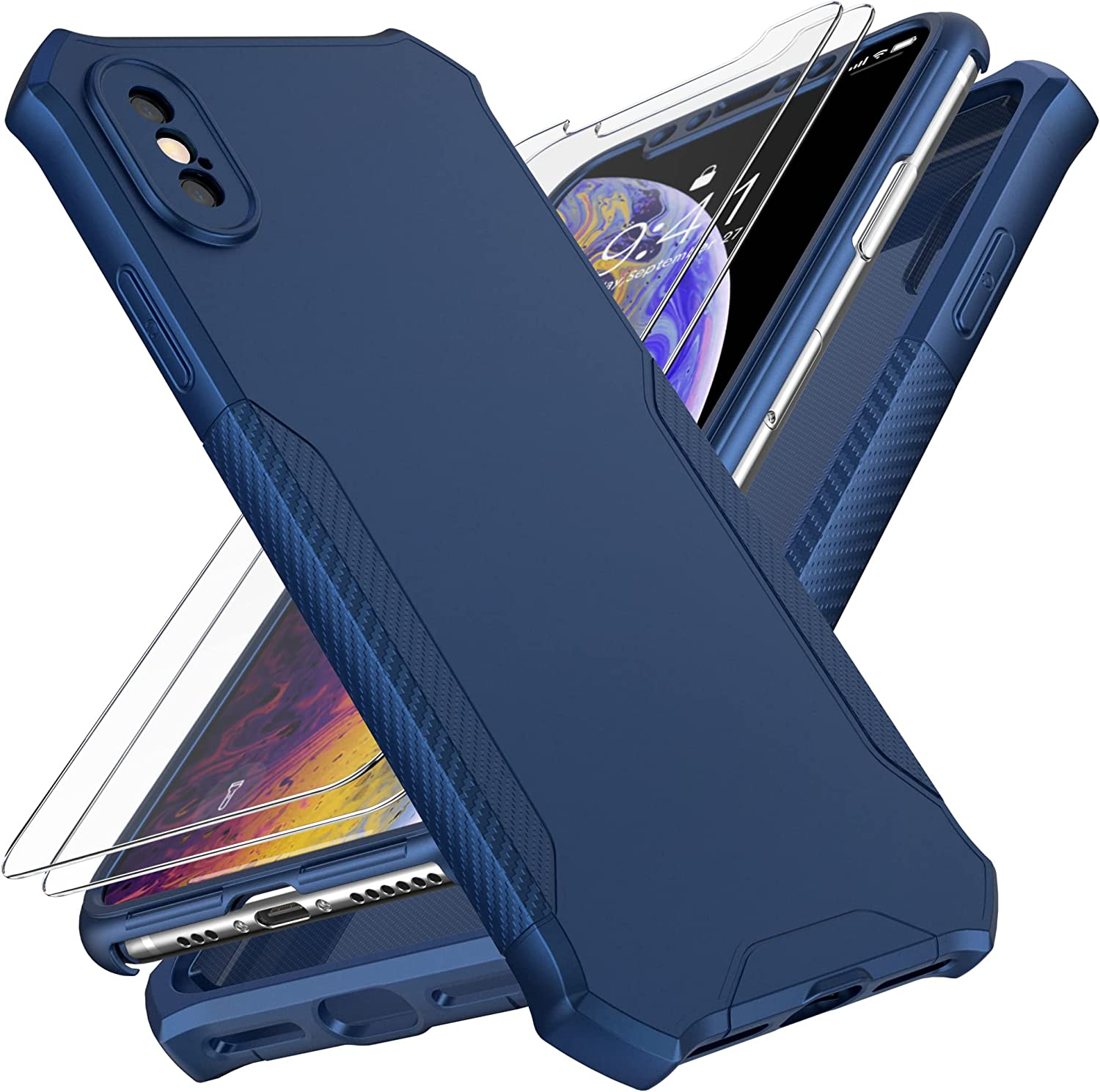 Oretech Designed for Iphone X/Iphone Xs Case with [2 X Tempered Glass Screen Protector] [Full Camera Lens Protection] Square Edge Shockproof Anti-Slip Phone Case Cover for Iphone X/XS Case-5.8" Black