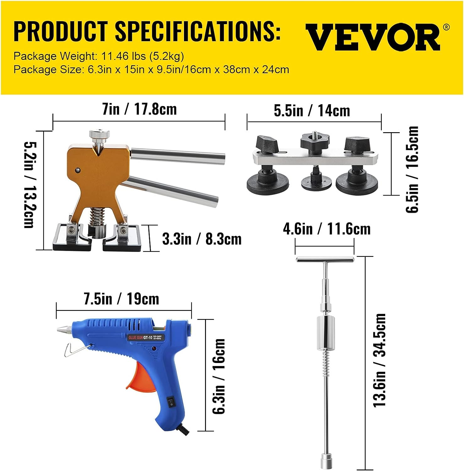 VEVOR Dent Removal Tool, 98 Pcs Paintless Dent Repair Tools, Led Baffle Board Car Dent Repair Kit, Glue Puller Tabs Dent Puller Kit for Auto Dent Removal, Minor Dents, Door Dings and Hail Damage