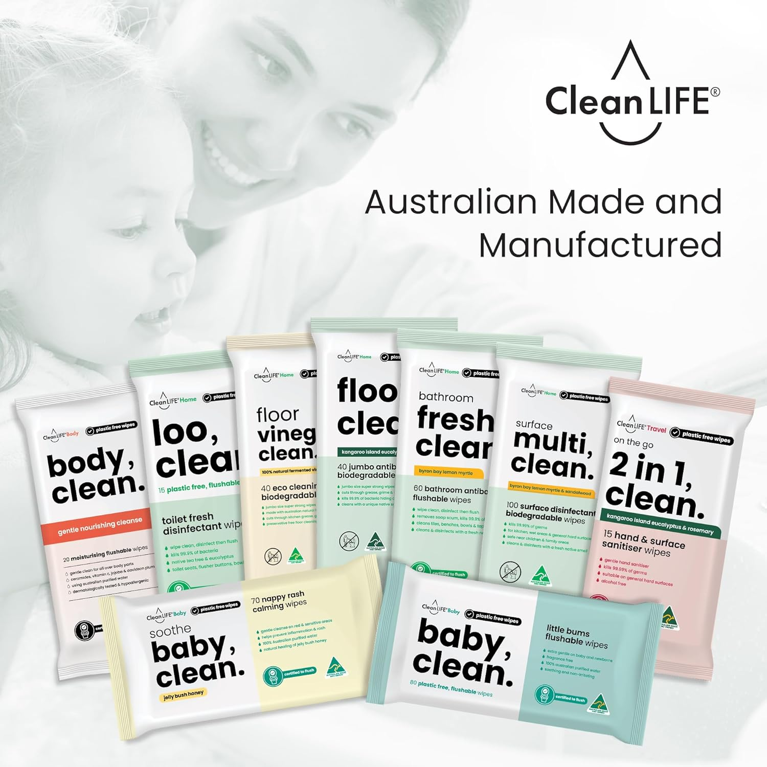 Cleanlife 2-In-1 Hand & Surface Sanitising Wipes &ndash; Disinfecting Antibacterial Cleaning, Alcohol-Free, Plant-Based, Flushable, Kills 99.99% of Germs, 15 Wipes Pack image number 6