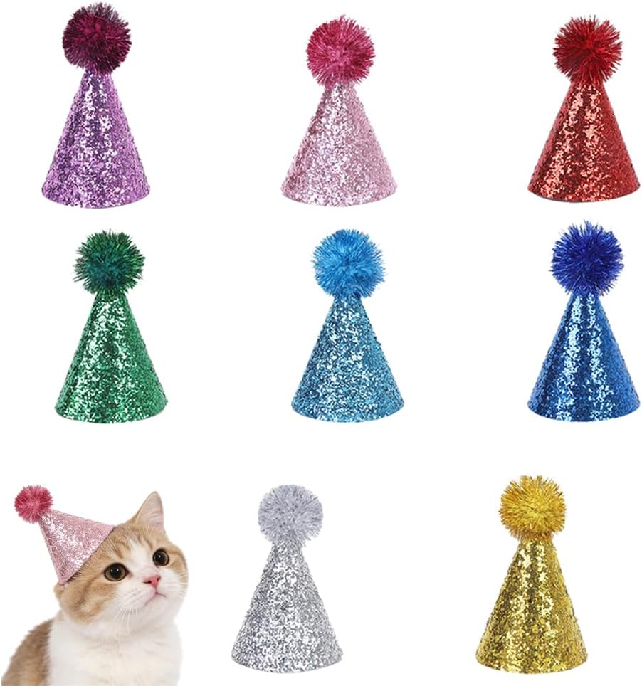 Pet Party Hats with Pom Pom, 8 Pack, Adjustable Mini Birthday Hats for Small Dogs and Cats, Reusable image number 4