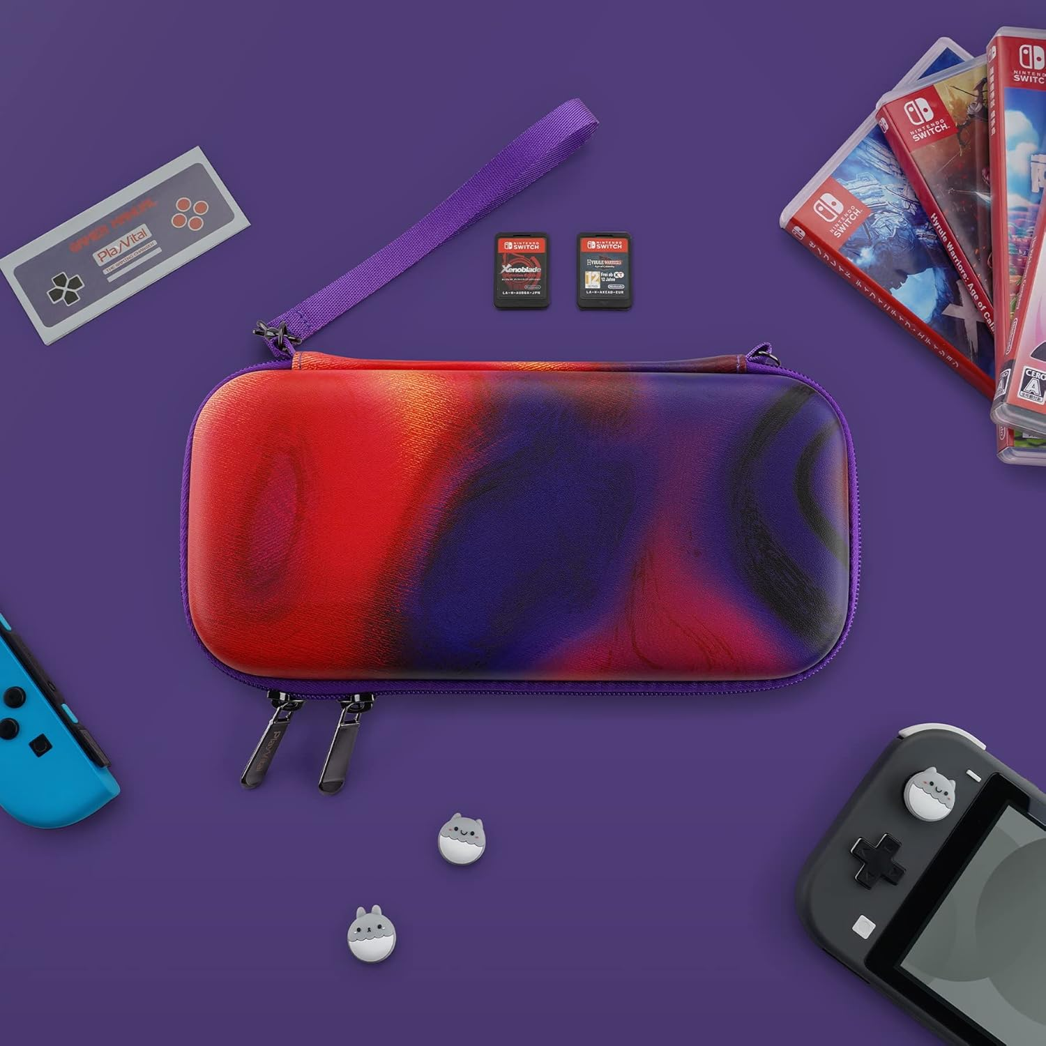Playvital Carrying Case for Nintendo Switch Lite, Portable Pouch Storage Handbag Travel Bag Protective Hard Case for Switch Console W/Thumb Grip Caps & 10 Game Card Slots - Purple Red Swirl - Purple Red Swirl image number 4