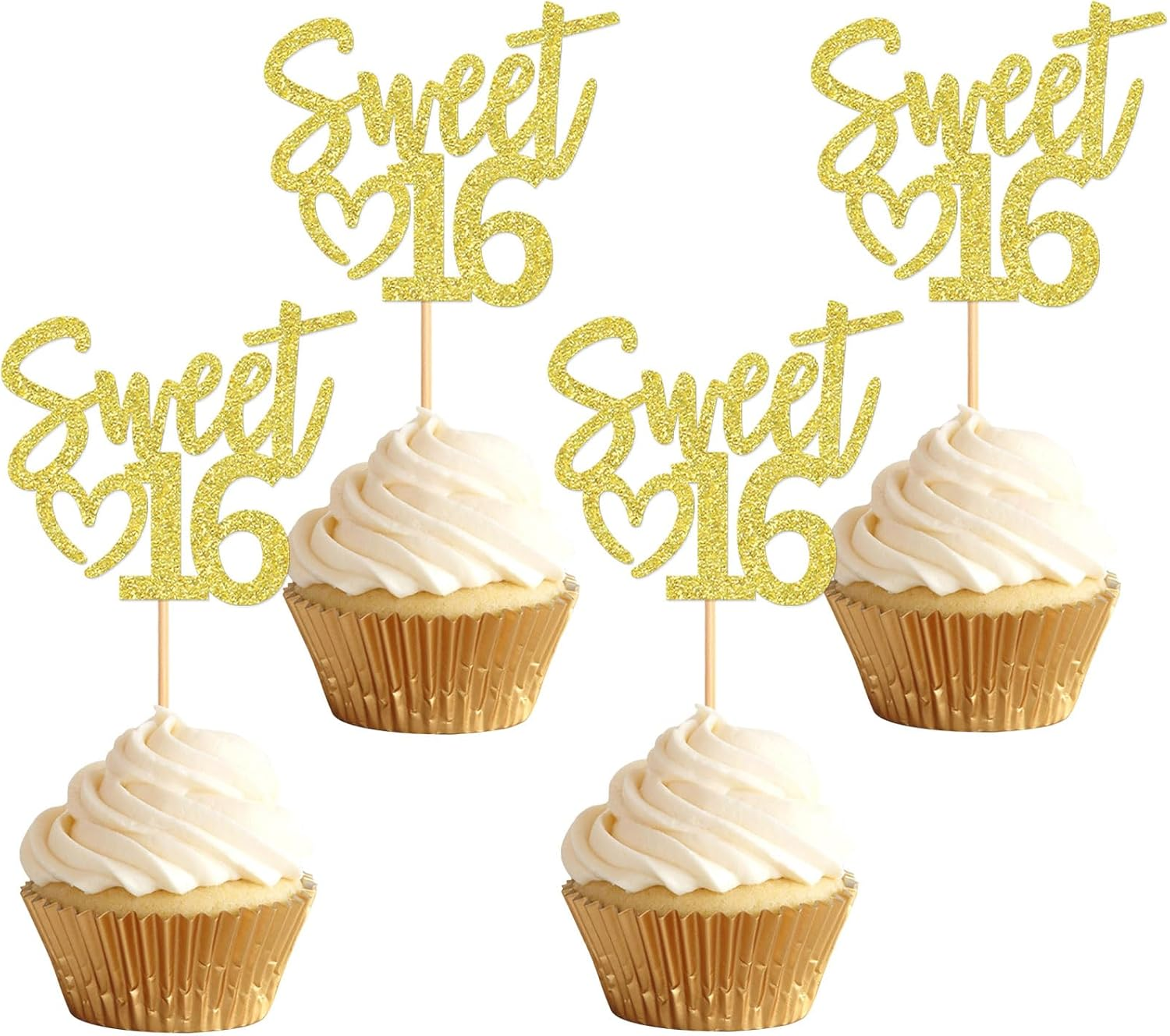 24 Pack Sweet 16 Cupcake Toppers Happy Sweet 16 Sweet Sixteen Birthday Cupcake Picks Happy 16 for 16Th Birthday Adult Men Women Wedding Anniversary Party Cake Decorations Supplies Gold image number 3