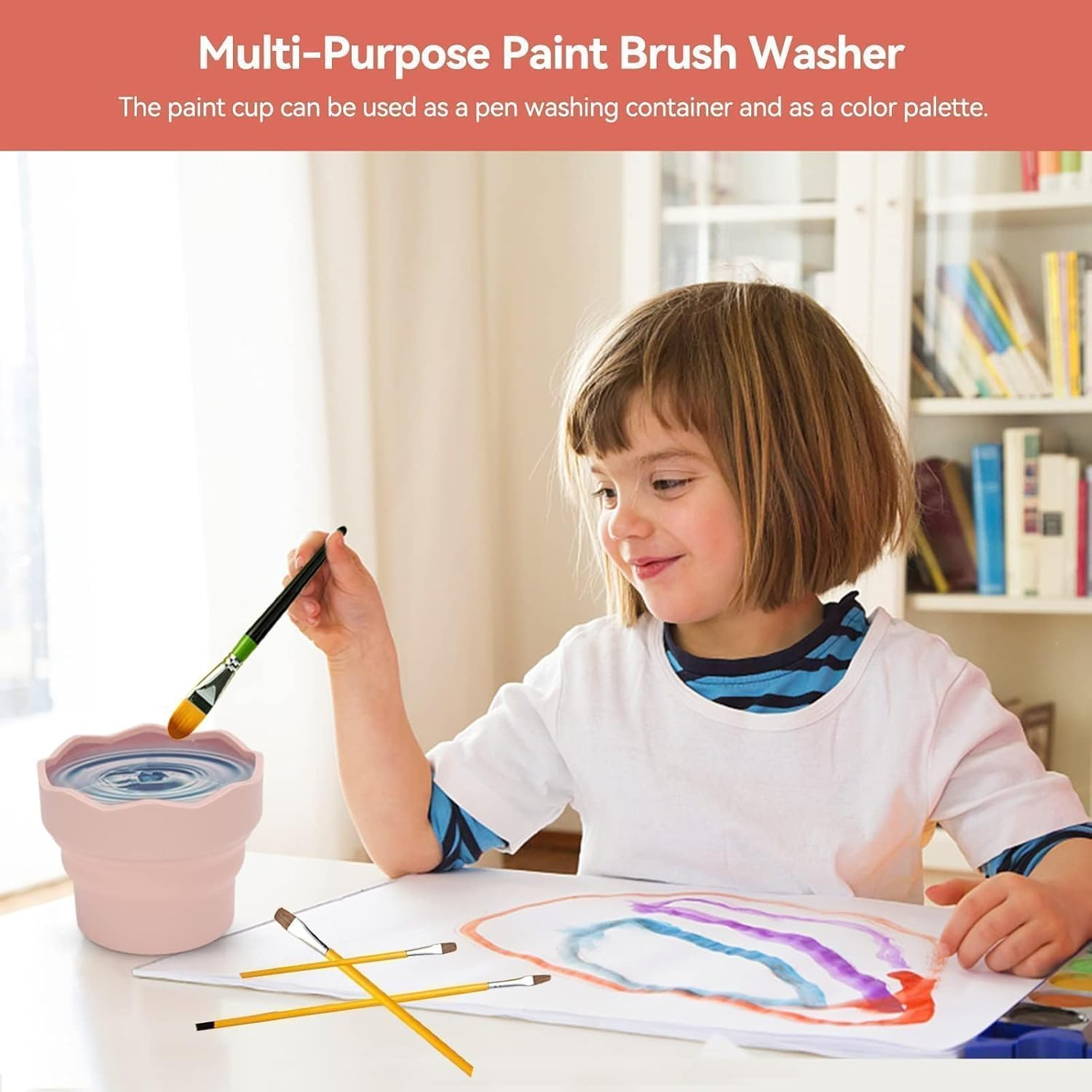 2PCS Collapsible Paint Brush Washer, Portable Silicone Washing Bucket Brush Holder Brush Cleaner Painting Water Cup Collapsable Cups for Watercolor Oil Painting(Pink) - Blue image number 6