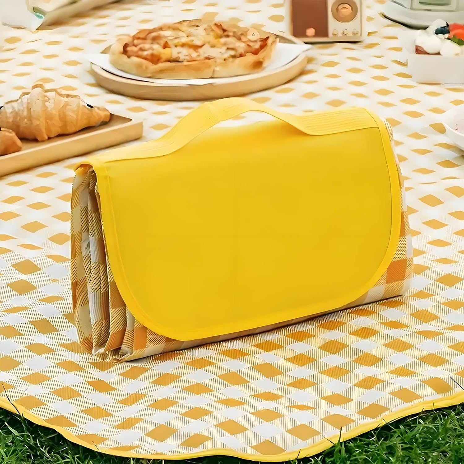 2M X 2M Waterproof Picnic Blanket for Outdoor Camping, Beach Mat with Oxford PE Material - Lightweight, Foldable, Yellow & White Checkered Pattern for Park, Travel, Hiking image number 3