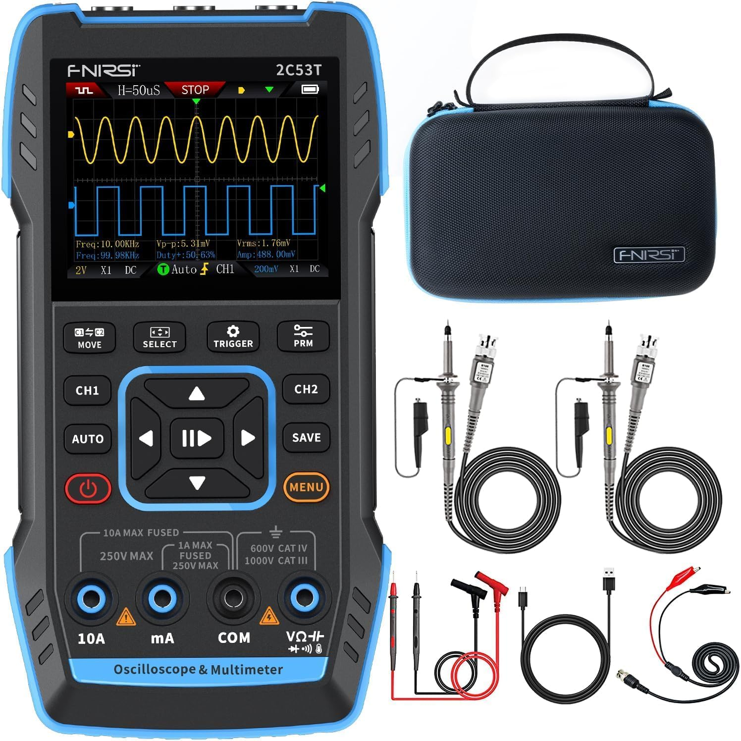 2C53T 3-In-1 Handheld Oscilloscope Multimeter DDS Generator, 2 Channel, 50Mhz Bandwidth, 250Msa/S Sampling Rate, 20,000 Calculations, Voltage, Current, Capacitance, Resistance, 2* P6100 Probes