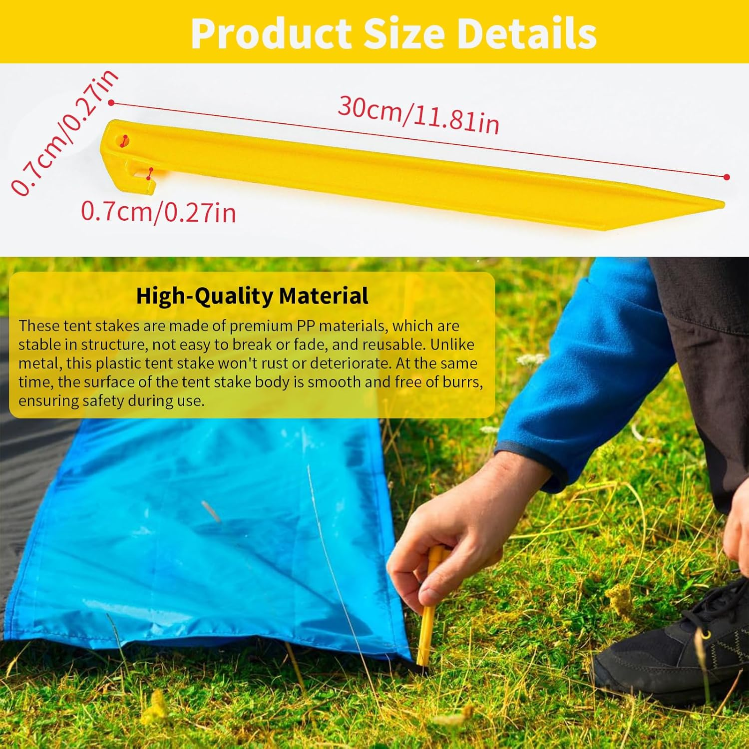 20 PCS Heavy Duty Tent Stakes, 30CM/12INCH Awning Pegs, Canopy Anchoring Pegs, Durable Spike Hook Tent Stakes, Sand Stakes, Camping Caravan Pegs Stakes, Outdoor Camping Beach Spikes Stakes (Yellow) image number 5
