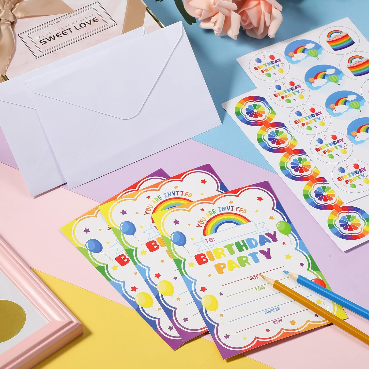 30 Pack Rainbow Birthday Party Invitations for Boys Girls Kids Birthday Invitations with 30 White Envelopes and 30 Seal Stickers Labels Rainbow Party Decorations Supplies Cards