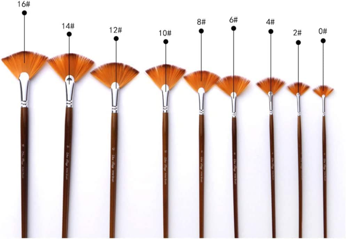 Fan Paint Brushes Set - 9Pcs Artist Drawing Brush, Soft Nylon Hair, Wood Long Handle, Fan-Shaped for Painting