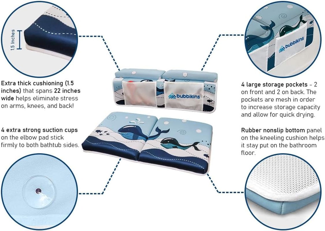 Baby Bath Kneeler and Elbow Rest Pad Set | 1.5" Thick Non-Slip Pads for Parents Comfort | 4X Extra Strong Suction Cups for Baby Bathtub Support & Accessories