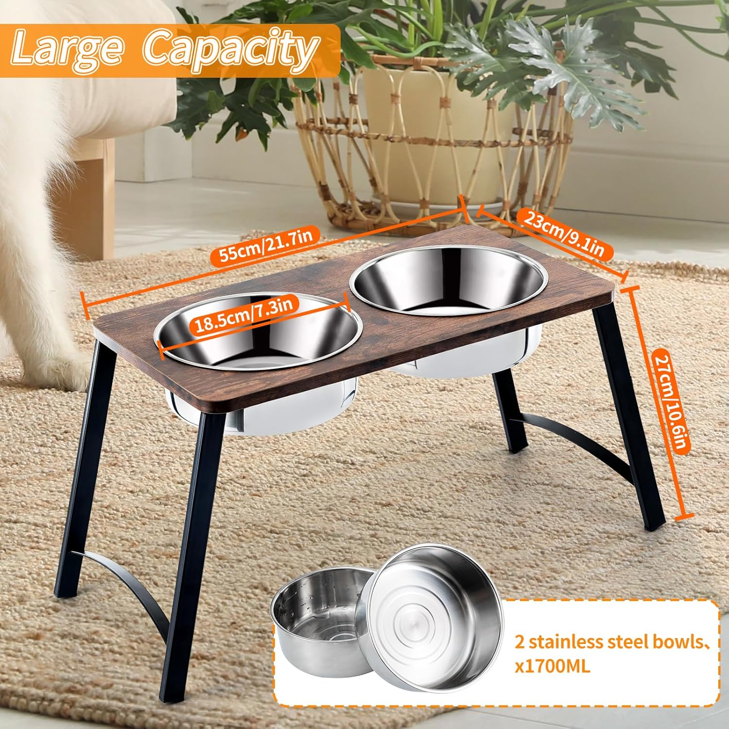 Elevated Dog Bowls for Medium and Large Dogs Wood Raised Bowl Stand with Two 1700ML (58Oz) Stainless Steel Dog Food and Water Bowls,Non-Slip image number 2