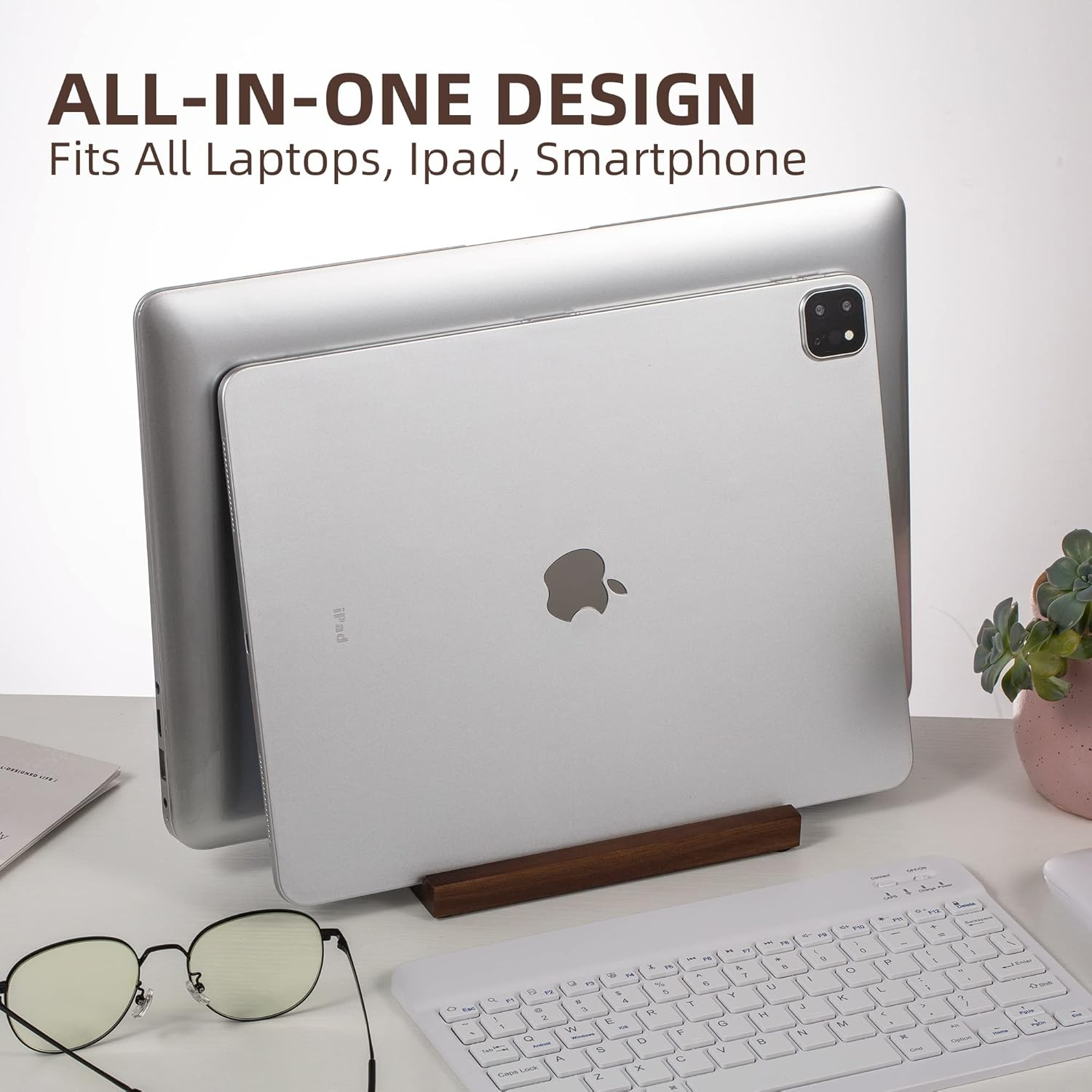 Vertical Laptop Stand Wood, Wooden Adjustable Laptop Holder, Walnut, 2 Slot, Double, Upright Laptop Holder for Desk, Macbook Stand, Laptop Dock, Desktop Organizer, Fits Macbook, Other Laptops, Phone image number 1