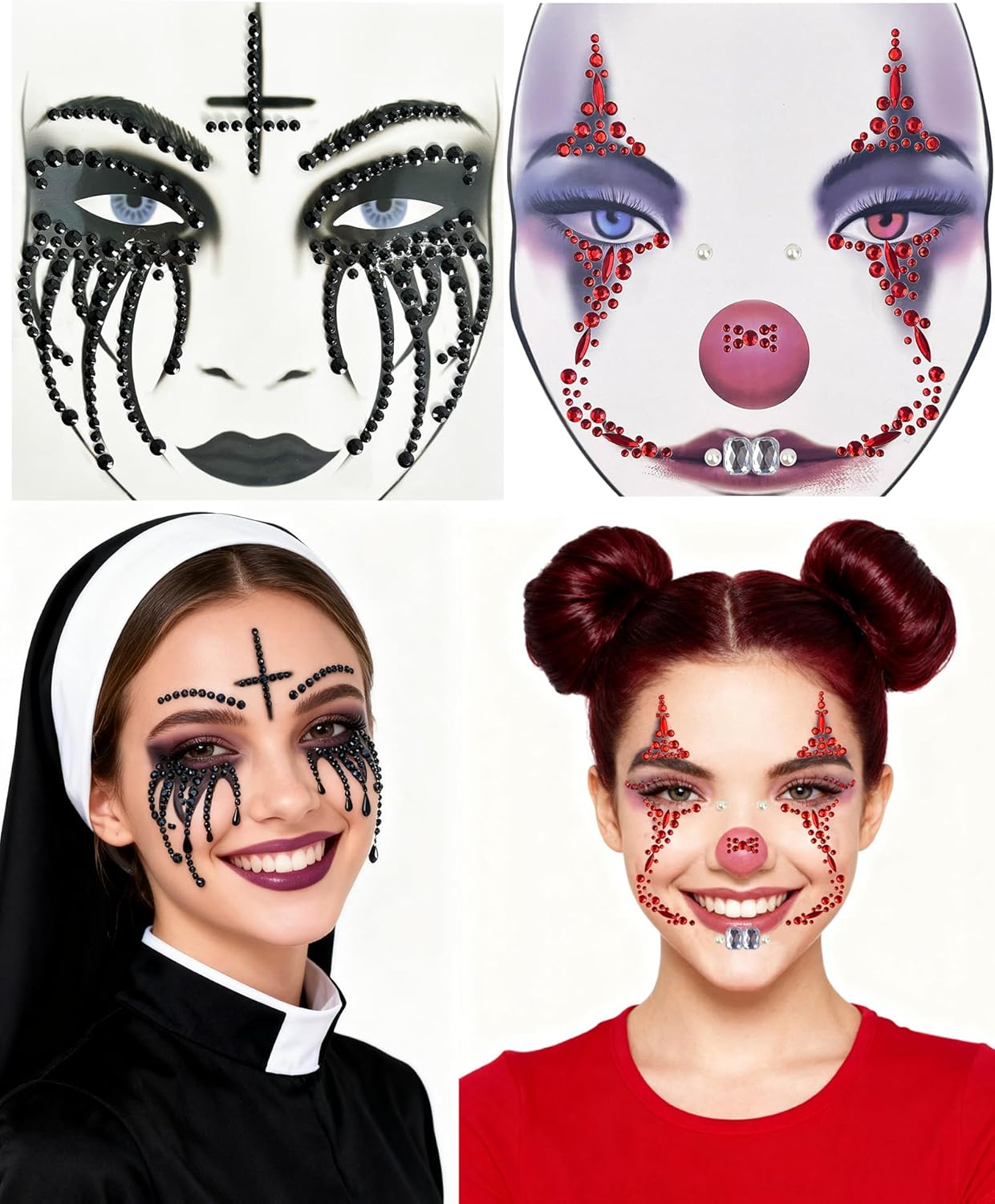 2 Pack Halloween Face Gems Jewels Clown Face Sticker Nun Makeup Tattoo Scary Temporary Rhinestone Face Tattoo for Halloween Festival Rave Party Make up Accessories