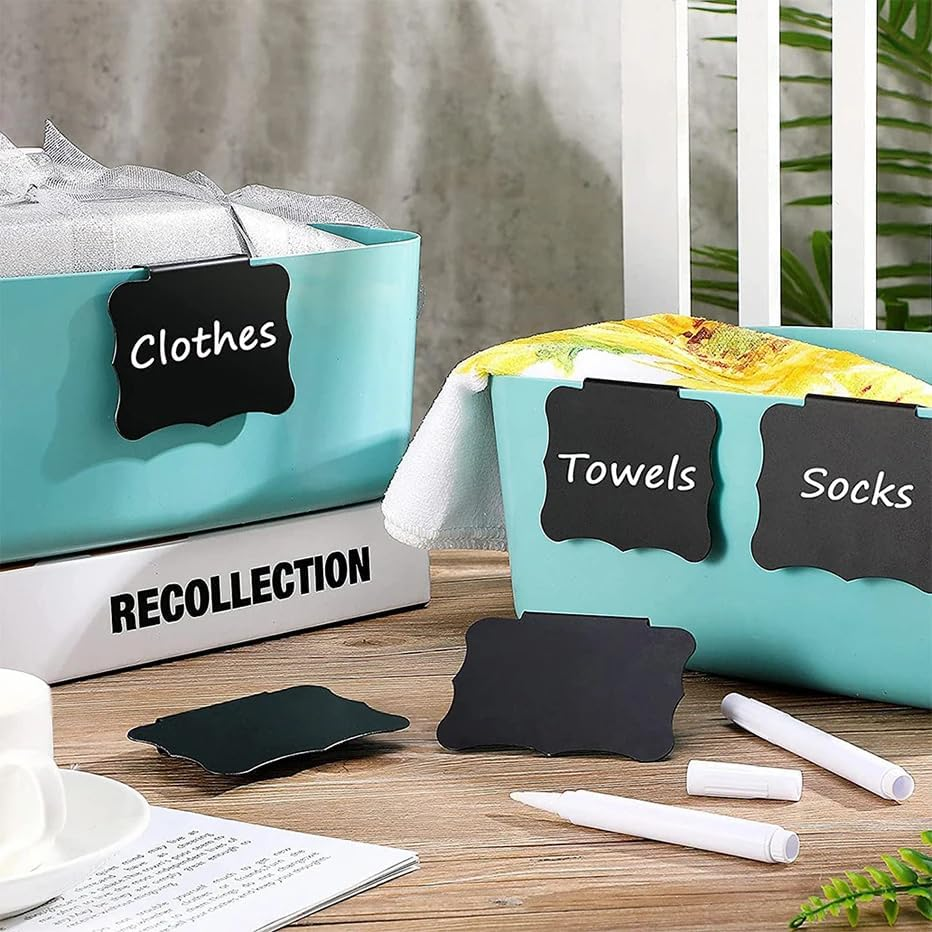 Dorischen 16 Pack Basket Labels Clip 2 White Pen,Removable Clip Label Holder, Reusable Tag Stickers for Pantry Organization and Storage Baskets Bin Labels image number 1