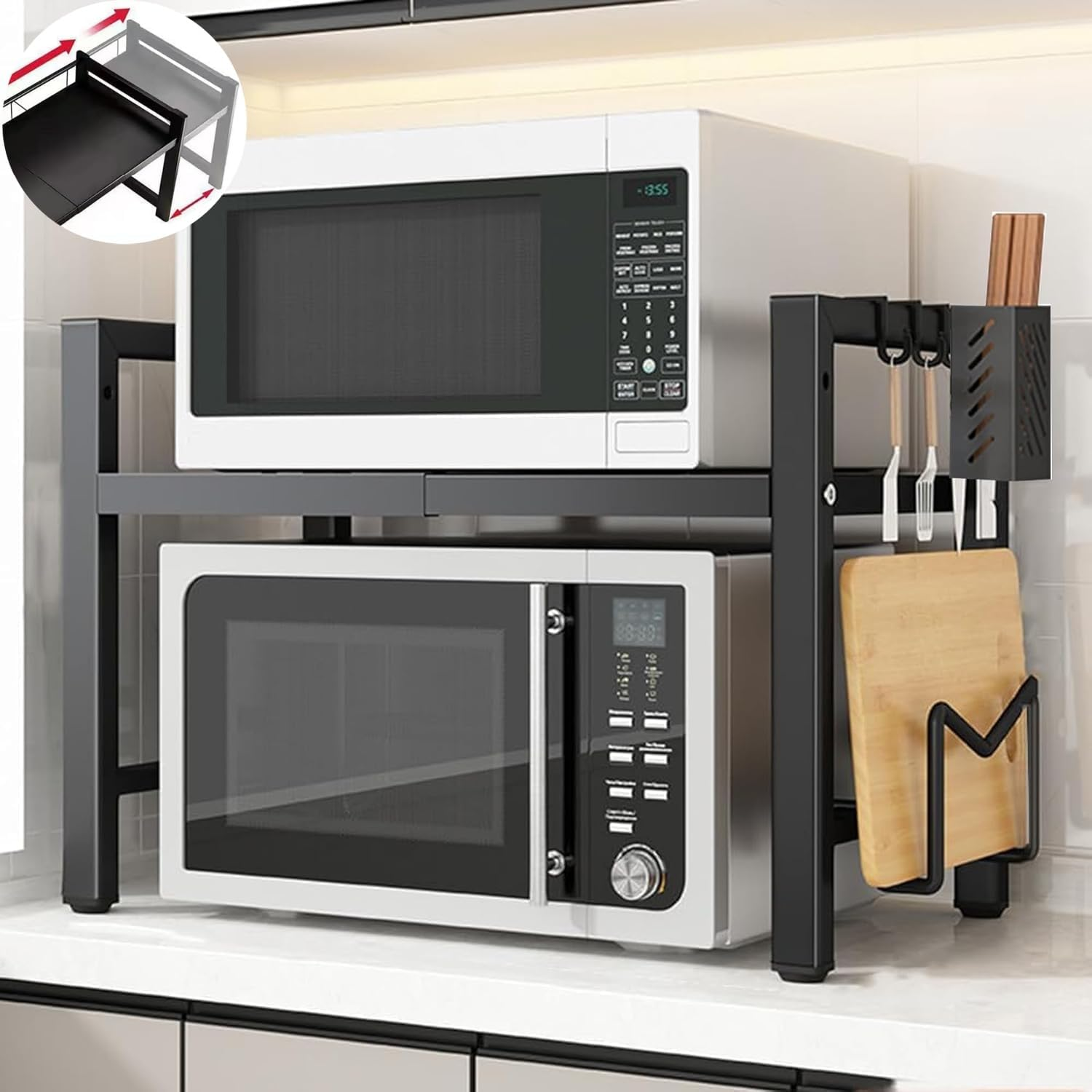 Expandable Microwave Oven Rack, 2 Tier Kitchen Countertop Shelf, Large Stand with Cutting Board Holder, 6 Hooks, Adjustable (Black-3 Tier)