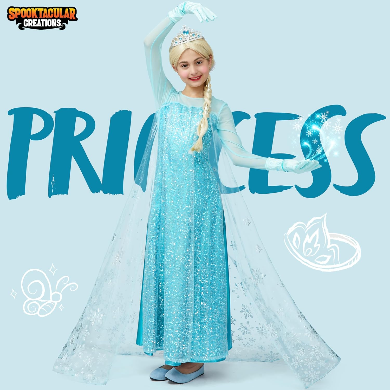 Spooktacular Creations Ice Princess Dress for Girls, Snow Princess Costume, Sequin Dress with Cape for Kid Halloween Birthday image number 4
