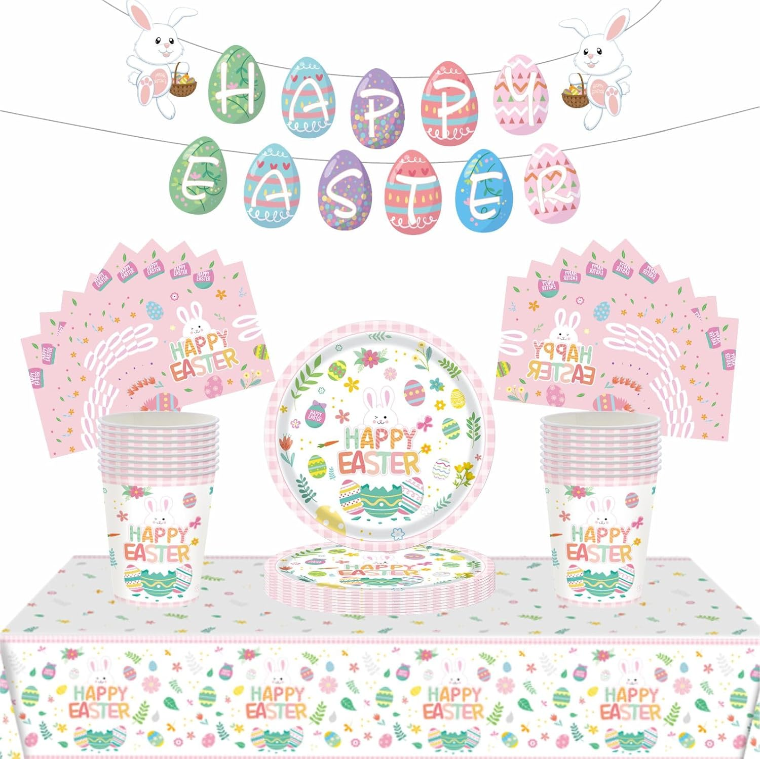 54Pcs Easter Party Tableware Decorations Easter Egg Hunt Cartoon Party Decorations Table Cloth,7Inch Paper Plates,Banner,Paper Napkins for Easter Theme Table Party Favor- Spring Decorations image number 2