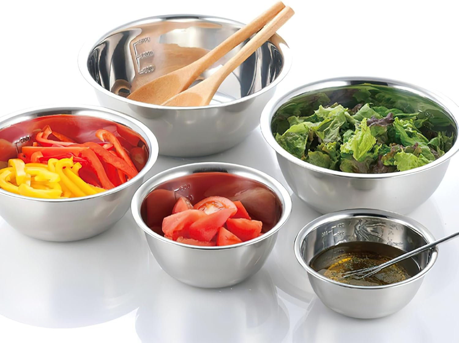 5PCS Stainless Steel Mixing Bowl Set, Multi-Functional Thick Large Bowls with Measurement Marks Ideal for Baking Salad Preparation Washing Vegetables