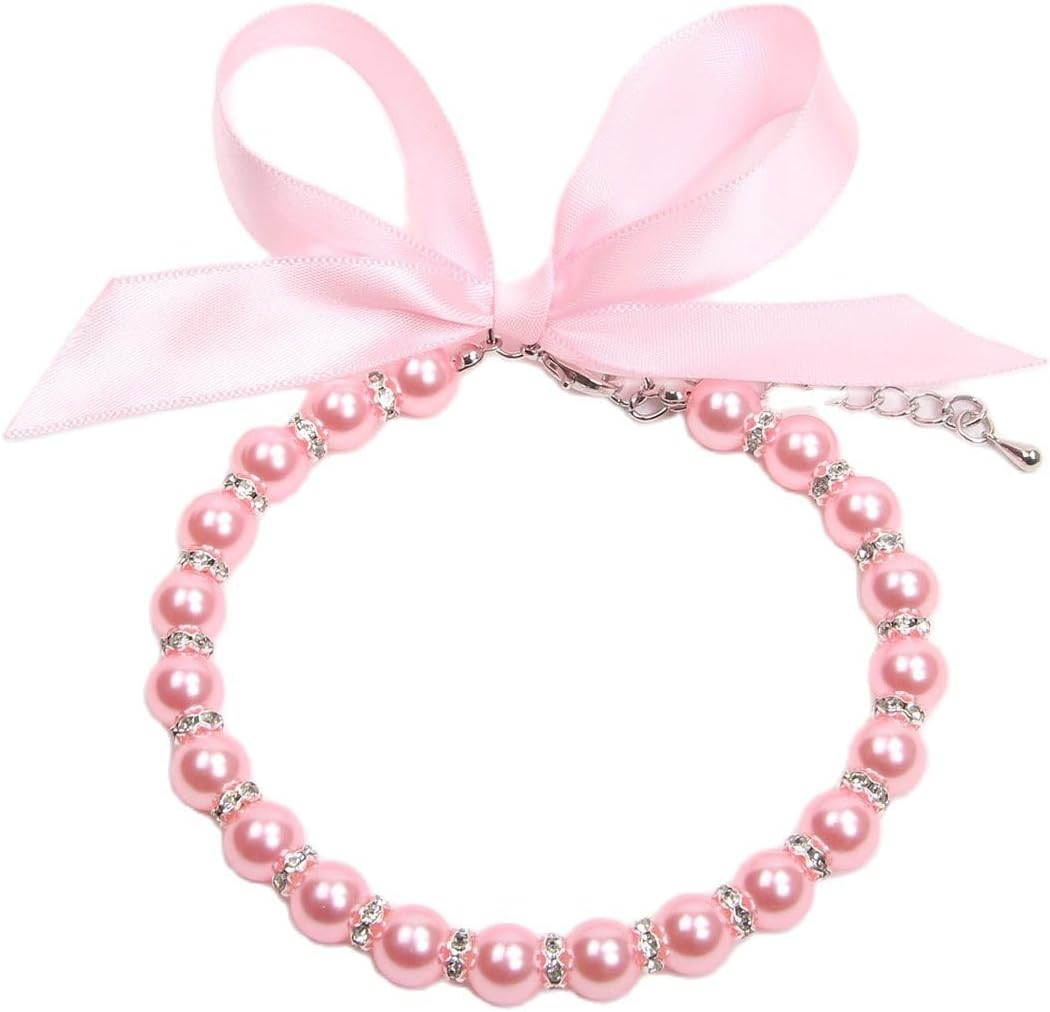 Dog Cat Pearls Collar with Bling Accessories and Ribbon Bow Pet Puppy for Dogs Cats (Pink, M（25-30Cm）)