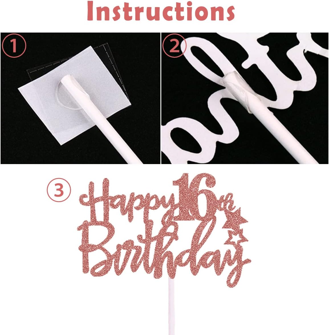 16Th Happy Birthday Cake Topper, Rose Gold Glitter 16Th Birthday Cake Topper with Balloon Cake Topper for Girl Birthday Cake Decorations image number 4