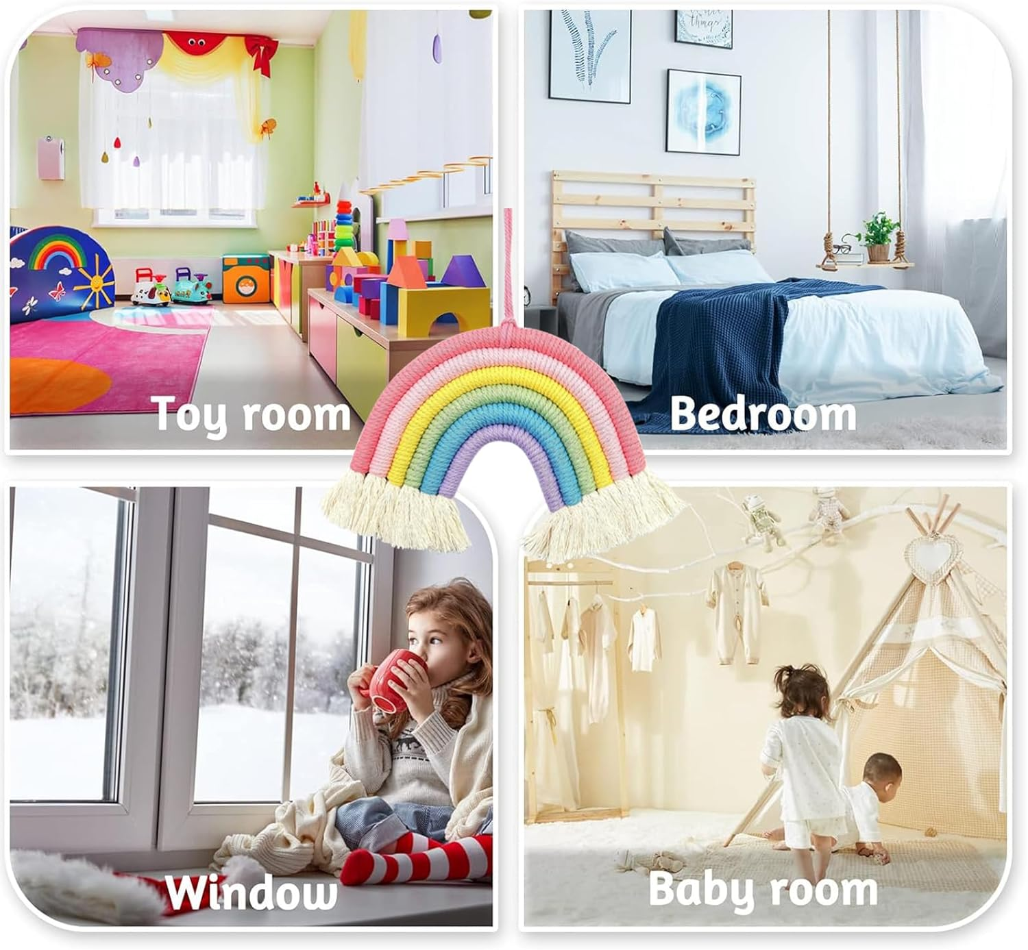 Supkeyer Rainbow Tapestry Macrame Wall Hanging Hand Woven Tapestry Tassels Lovely Rainbow for Home Bedroom Nursery Kids Room Bedroom Playroom Wall Decoration image number 5