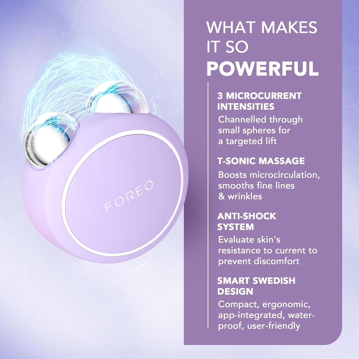 FOREO BEAR Mini Microcurrent Facial Device | 3 Microcurrent Intensities | Anti-Shock System | 90 Uses/Usb Charge | App-Connected | 2-Year Warranty | Lavander image number 3