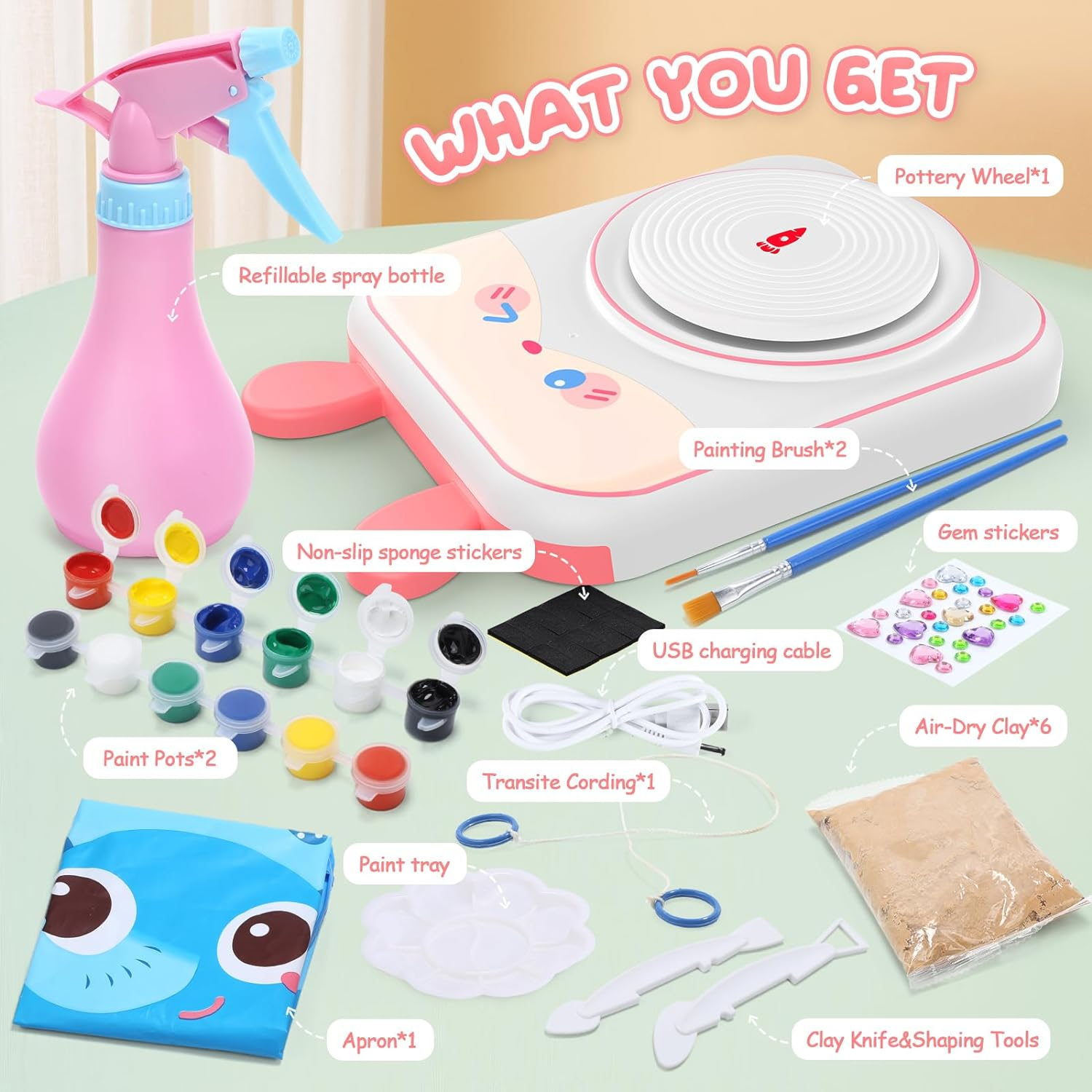 Skirfy Pottery Wheel for Kids Sculpting Tools & Painting Kit,Birthday Gift Girls Toys 8-10,DIY Kits Clay Maker for Beginners with 6 Packs Modeling Clays