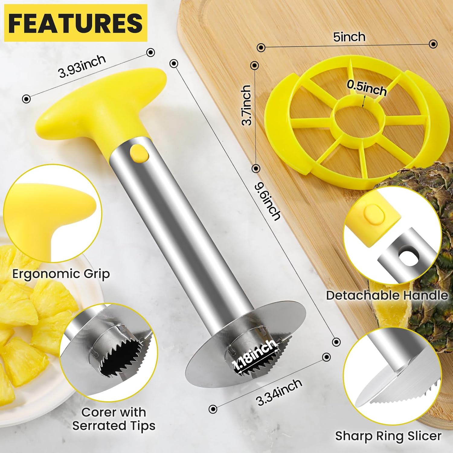 Premium Pineapple Corer and Slicer Tool - Pineapple Cutter with Sharp Serrated Tips - Easy to Use & Clean - Stainless Steel Core Remover for Pineapple - Slice and Core Fruits with Ease(Yellow) image number 1