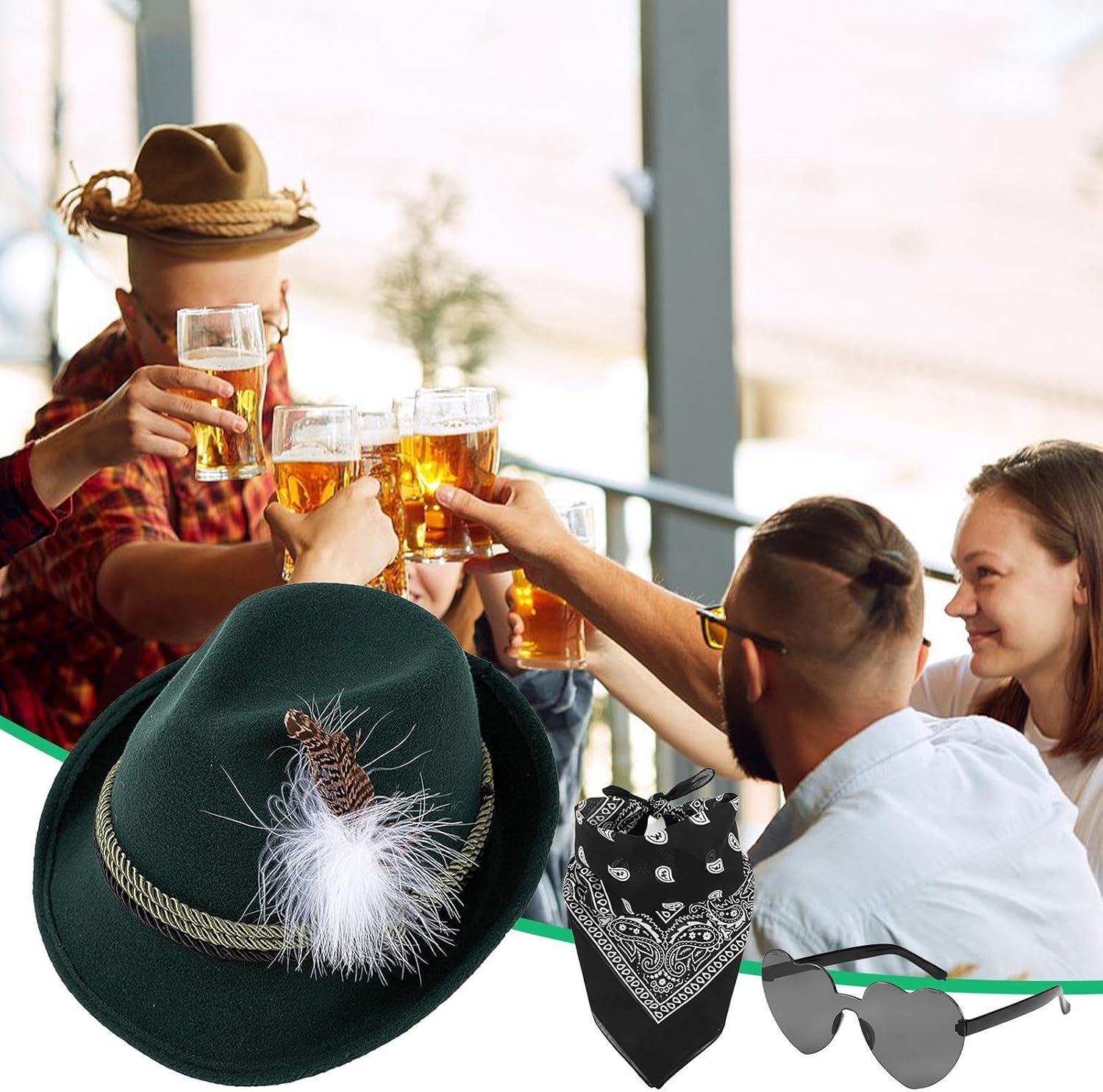 German Alpine Hats - 1Set Faux Leather Fedora Oktoberfest Hat with Headscarf, Eyeglasses,Oktoberfest Costume Accessories Adult German Alpine Bavarian Hat for Adults image number 4