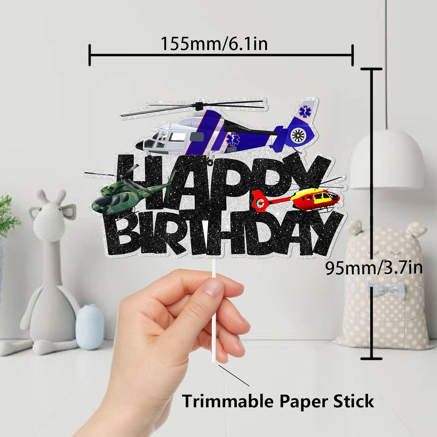 Black Glitter Helicopter Happy Birthday Cake Topper Cheer to Aviation Flying Theme Decor Supplies Baby Shower Children Boys Girls Birthday Party Decorations
