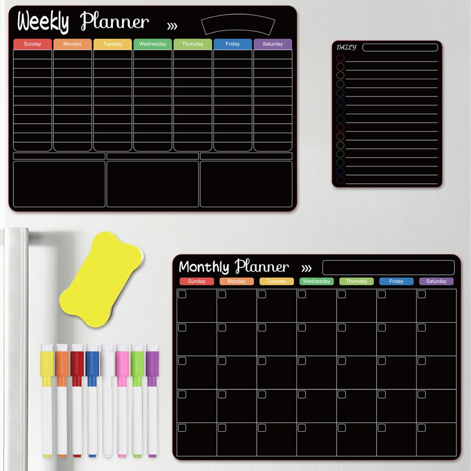 Yakiter 3Pcs Magnetic Fridge Calendar, Monthly, Weekly & Shopping List Refrigerator Planner, Reusable Calendar with Dry Erase Board and 8 Markers, Kitchen Whiteboard (3 PCS) image number 1