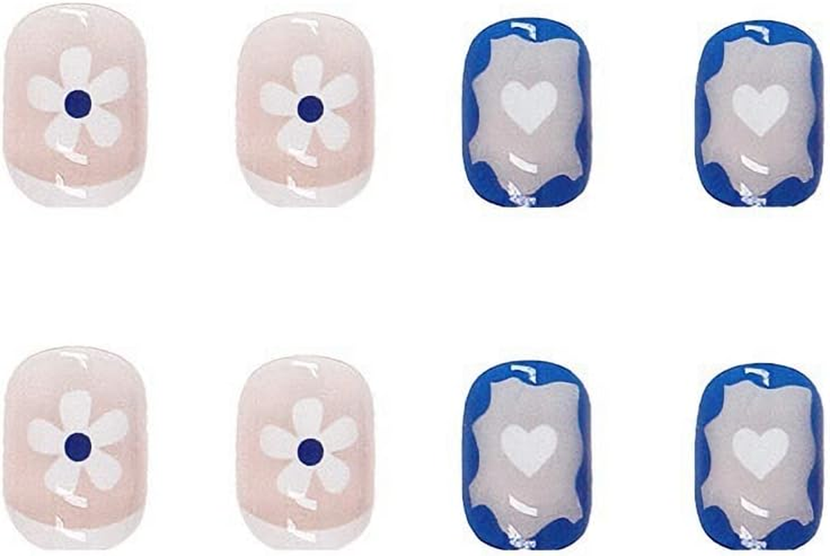 Press on Nails Short Square, Navy Blue Glossy Fake Nails Short with Daisy Flowers Short Coffin Glue on Nails Acrylic Nails Press on for Women Girls 24Pcs image number 4
