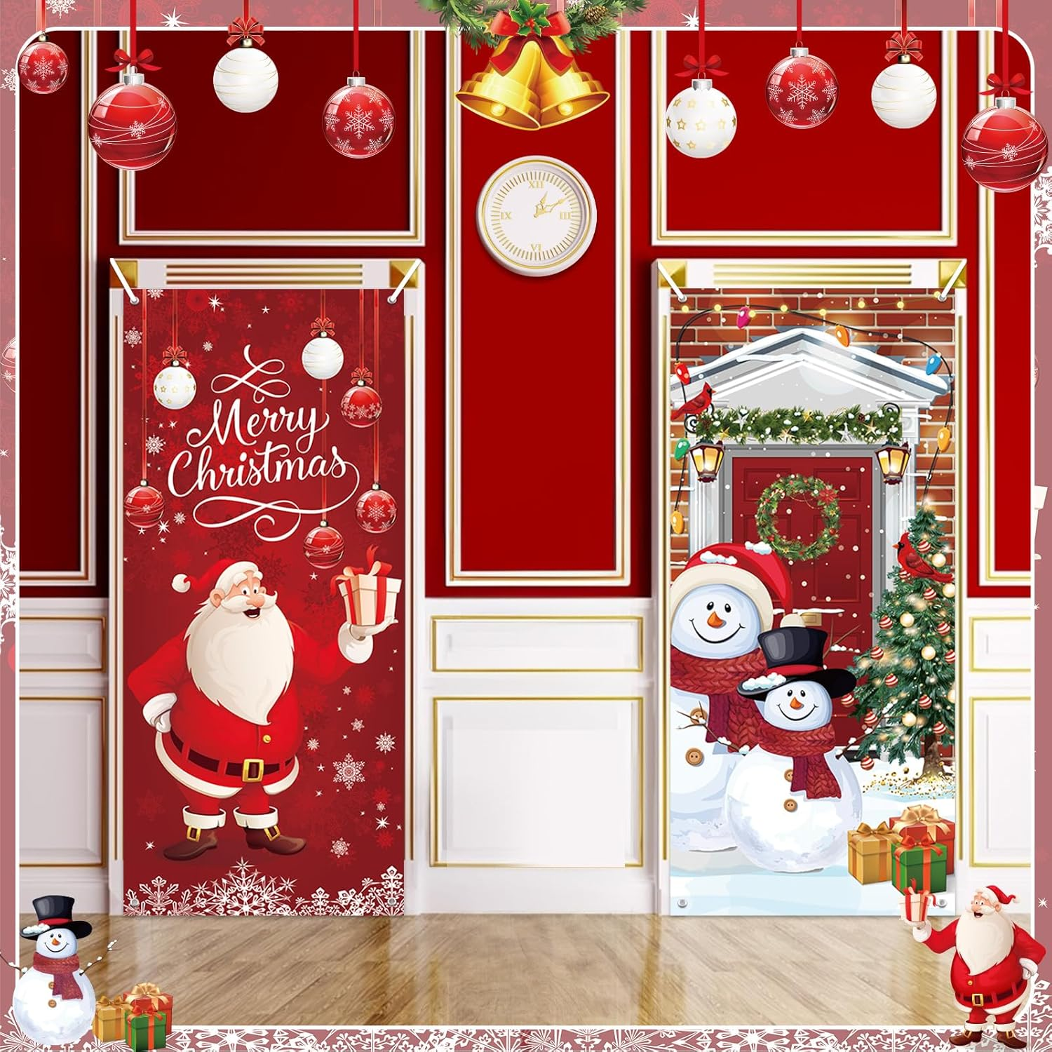 2 Pcs Christmas Door Cover Decoration Christmas Door Decorations Santa Claus Xmas Snowman Door Decorations Sign Window Front Door Party Home Decors Backdrop Banner,35.4 X 78Inch image number 1