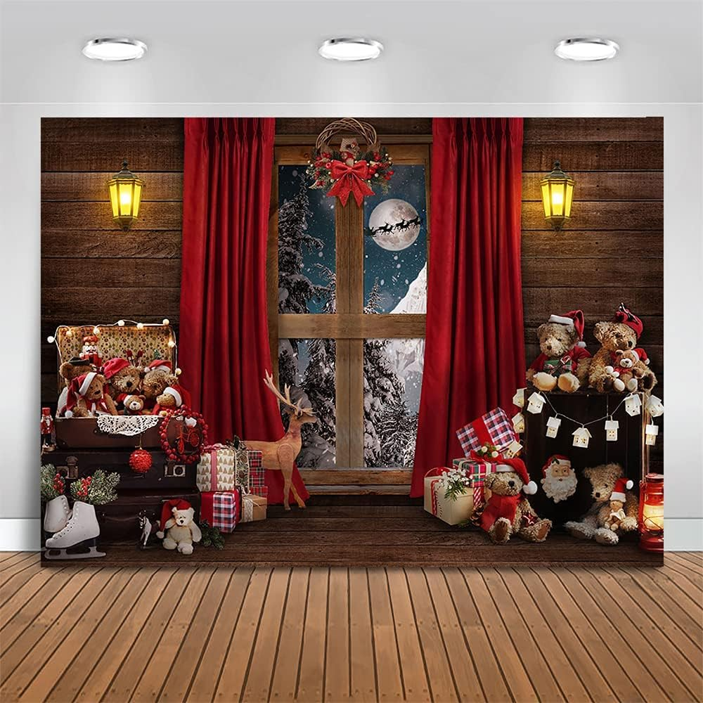 Mocsicka Christmas Window Backdrop Santa Gifts Bear Christmas Window Decorations for Baby Family Kids Indoor Xmas Tree New Year Holiday Photography Background (10X8Ft(120X96 Inch)) image number 3