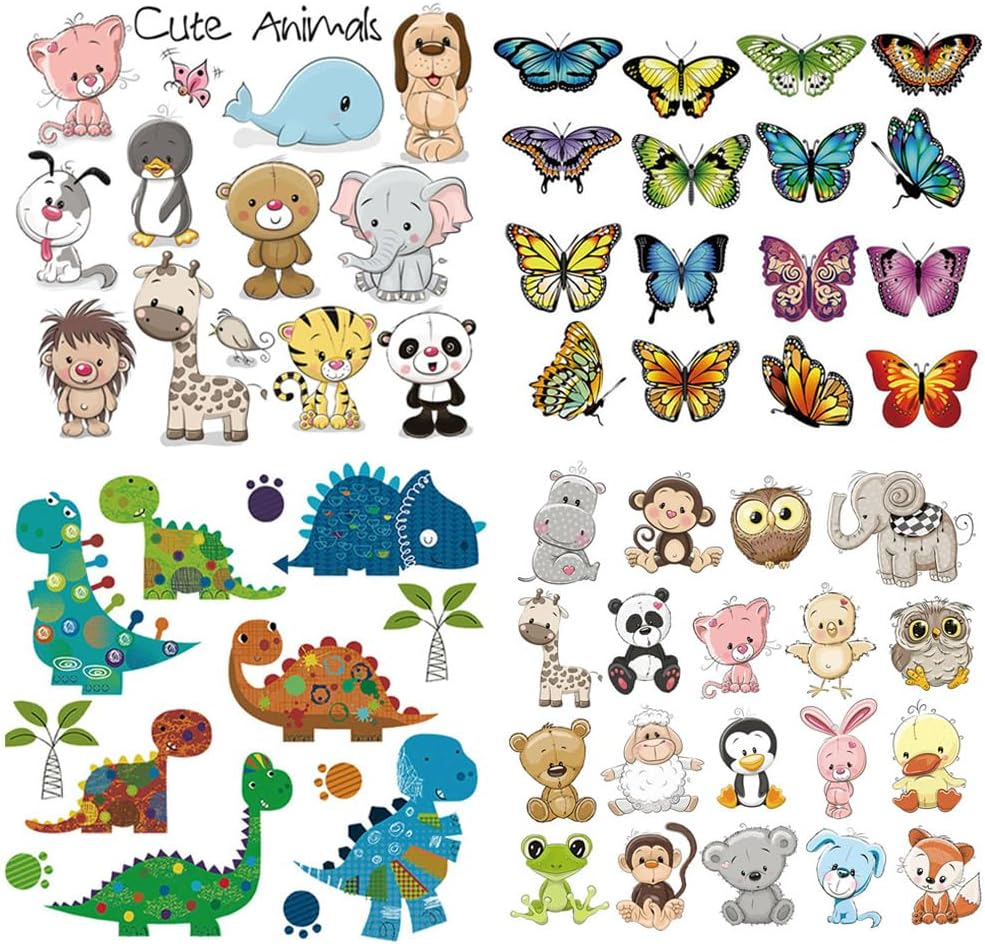 Kids Patches Lovely Animal Iron on Transfer Stickers with Many Different Cute Lion Cow Leopard Cartoon Things Appliques Stickers Boys Girls Children Clothes Decor Free DIY 4 PCS